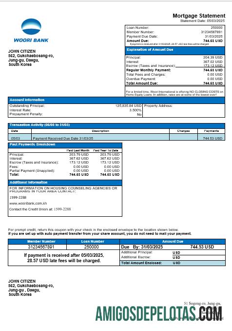 Declaração de hipoteca do Woori Bank da Coreia do Sul em formatos Word e PDF exemplo real